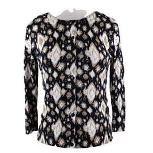 Verve Ami Navy Rattan Beige 3/4 Sleeve Button Up Lightweight Cardigan Sweater